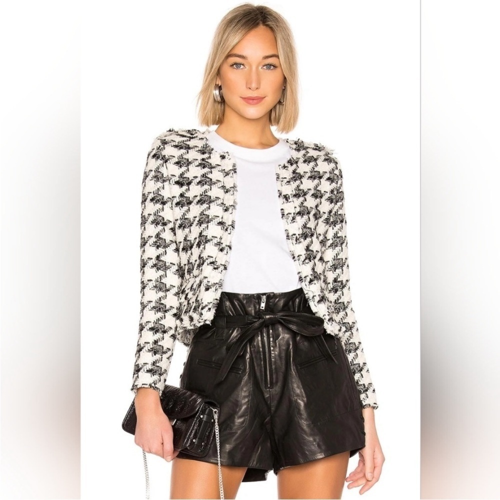 IRO Hope Houndstooth Blazer Wool Blend Lined Long Sleeve Jacket Black White US 8